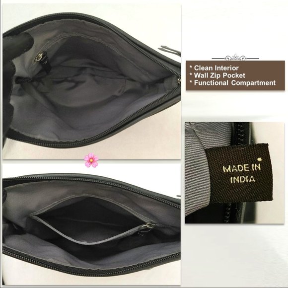 Genuine Leather Black Small Purse Shoulder Crossbody Bag Pleated White Stitched - Picture 7 of 10